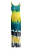 Red-brown Sexy Casual Print Tie Dye Tassel Spaghetti Strap Long Dress