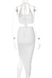 White Sexy Solid Draw String Halter Sleeveless Two Pieces