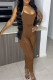 Coffee Sexy Solid Patchwork See-through Spaghetti Strap Sleeveless Two Pieces