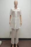 Red Sexy Solid Hollowed Out Patchwork Buckle Turndown Collar Short Sleeve Two Pieces