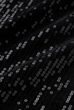 Black Fashion Sexy Patchwork Sequins See-through Backless One Shoulder Sleeveless Dress
