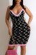 Black Fashion Sexy Print Patchwork V Neck One Step Skirt Dresses