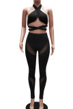 Blue Sexy Solid Hollowed Out Patchwork See-through Halter Sleeveless Two Pieces