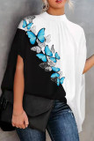 Blue Black Casual Print Patchwork O Neck Tops