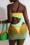 Green Sexy Print Hollowed Out Strapless Sleeveless Two Pieces