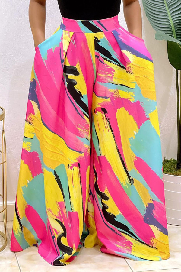Rose Red Casual Print Patchwork Straight Wide Leg Full Print Bottoms
