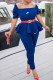 Blue Fashion Sexy Print Patchwork Square Collar Short Sleeve Two Pieces