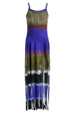 Red-brown Sexy Casual Print Tie Dye Tassel Spaghetti Strap Long Dress
