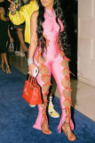 Pink Sexy Solid Bandage Hollowed Out Patchwork O Neck Regular Jumpsuits