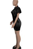 Champagne Casual Solid Patchwork O Neck One Step Skirt Dresses