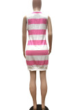 Pink Casual Striped Print Patchwork V Neck Dresses