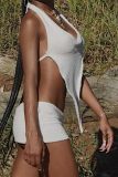 White Sexy Solid Patchwork Halter Sleeveless Two Pieces