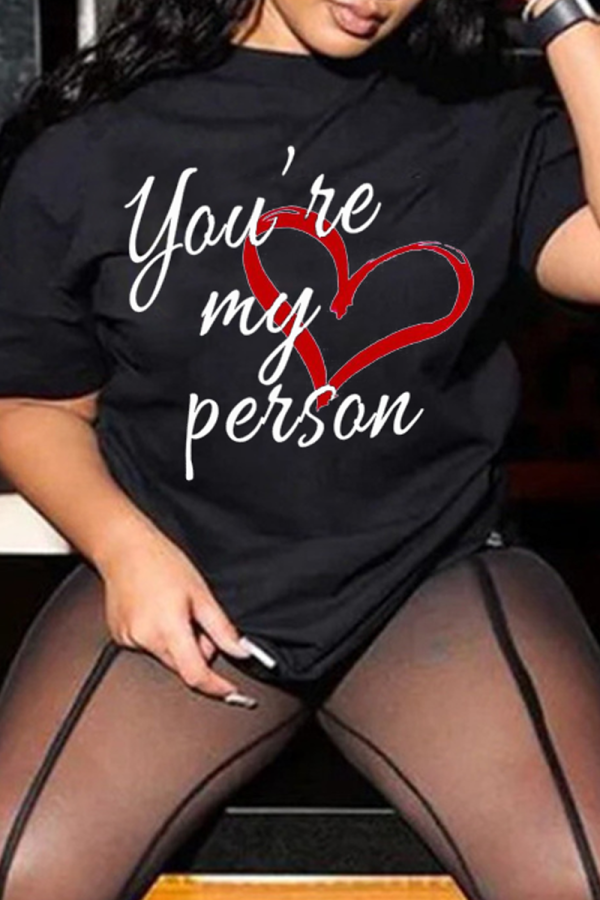 Black Fashion Daily Print Patchwork Letter O Neck T-Shirts