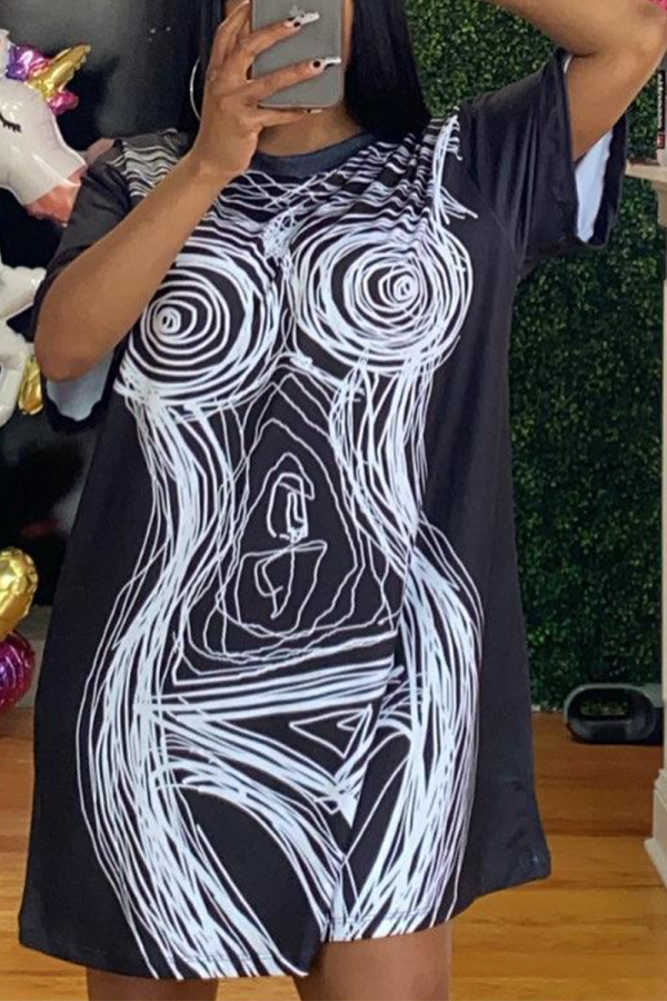Black Casual Print Patchwork O Neck Straight Dresses