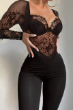 Matte Black Sexy Solid Patchwork See-through V Neck Regular Jumpsuits