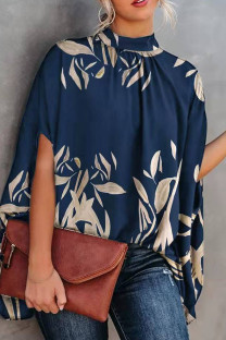 Blue Casual Print Split Joint O Neck Tops