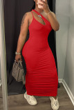 Red Casual Solid Patchwork Asymmetrical Collar One Step Skirt Dresses