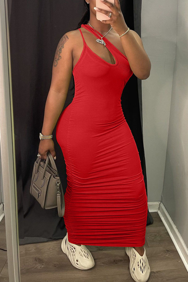 Red Casual Solid Patchwork Asymmetrical Collar One Step Skirt Dresses