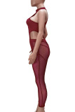 Burgundy Sexy Solid Patchwork See-through O Neck Sleeveless Two Pieces
