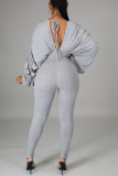 Grey Fashion Casual Solid Without Belt V Neck Skinny Jumpsuits