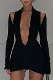 Red Sexy Solid Hollowed Out Patchwork Asymmetrical V Neck Dresses