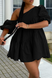 Black Casual Solid Flounce One Shoulder Cake Skirt Dresses