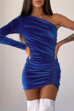 Blue Sexy Solid Patchwork One Shoulder Pencil Skirt Dresses