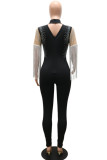 Blue Sexy Solid Tassel Patchwork See-through Hot Drill Half A Turtleneck Skinny Jumpsuits