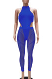 Blue Sexy Solid Patchwork See-through O Neck Sleeveless Two Pieces