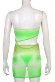 Green Sexy Print Hollowed Out Strapless Sleeveless Two Pieces