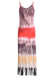 Red-brown Sexy Casual Print Tie Dye Tassel Spaghetti Strap Long Dress