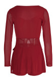 Red Fashion Sexy Patchwork See-through Slit Square Collar Long Sleeve Two Pieces