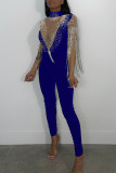 Blue Sexy Solid Tassel Patchwork See-through Hot Drill Half A Turtleneck Skinny Jumpsuits