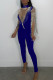 Blue Sexy Solid Tassel Patchwork See-through Hot Drill Half A Turtleneck Skinny Jumpsuits