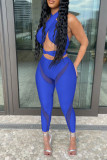 Blue Sexy Solid Hollowed Out Patchwork See-through Halter Sleeveless Two Pieces