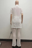 Red Sexy Solid Hollowed Out Patchwork Buckle Turndown Collar Short Sleeve Two Pieces