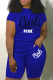 Blue Casual Print Patchwork O Neck Short Sleeve Two Pieces