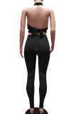 Blue Sexy Solid Hollowed Out Patchwork See-through Halter Sleeveless Two Pieces