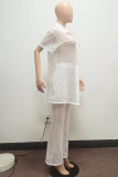 Red Sexy Solid Hollowed Out Patchwork Buckle Turndown Collar Short Sleeve Two Pieces