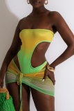 Green Sexy Print Hollowed Out Strapless Sleeveless Two Pieces
