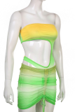 Green Sexy Print Hollowed Out Strapless Sleeveless Two Pieces