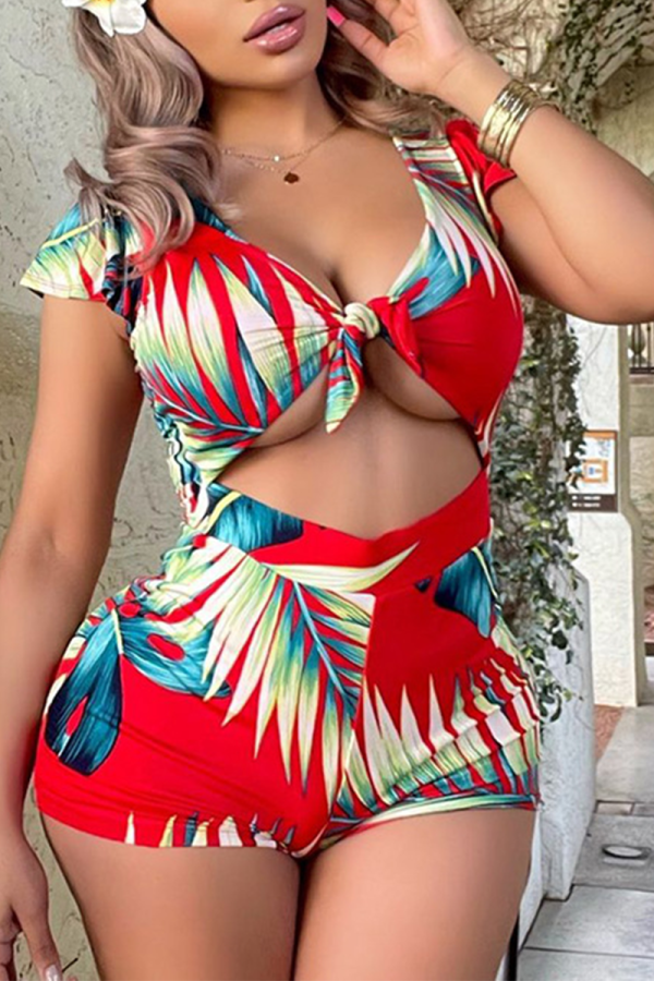 Red Sexy Print Patchwork V Neck Skinny Rompers