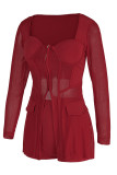 Red Fashion Sexy Patchwork See-through Slit Square Collar Long Sleeve Two Pieces
