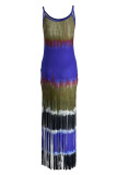 Red-brown Sexy Casual Print Tie Dye Tassel Spaghetti Strap Long Dress