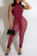 Burgundy Sexy Solid Patchwork See-through O Neck Sleeveless Two Pieces
