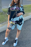 Blue Casual Patchwork Tie-dye O Neck Short Sleeve Two Pieces