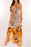 Turquoise Fashion Sexy Print Bandage Backless Spaghetti Strap Long Dress
