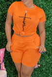 Orange Fashion Casual Print Basic O Neck Short Sleeve Two Pieces
