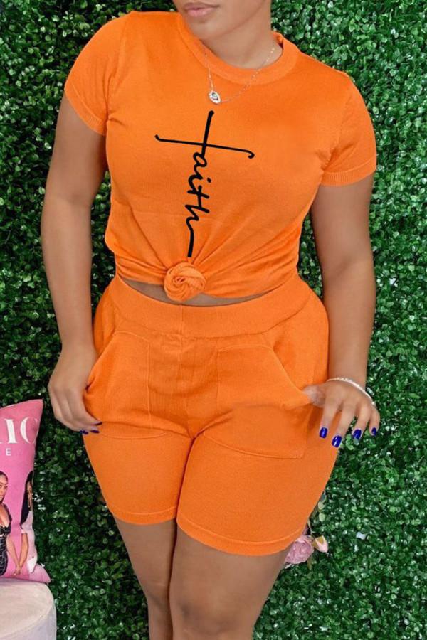 Orange Fashion Casual Print Basic O Neck Short Sleeve Two Pieces