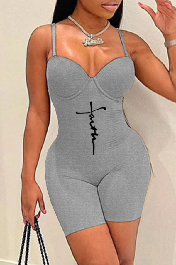 Grey Sexy Casual Print Backless Spaghetti Strap Skinny Romper